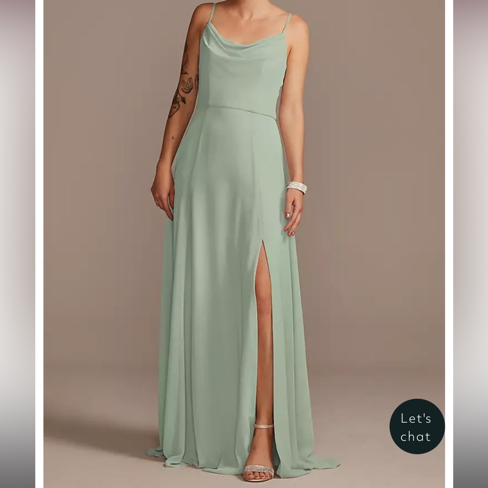 David’s Bridal Chiffon Cowl Neck Dress in Dusty Sage